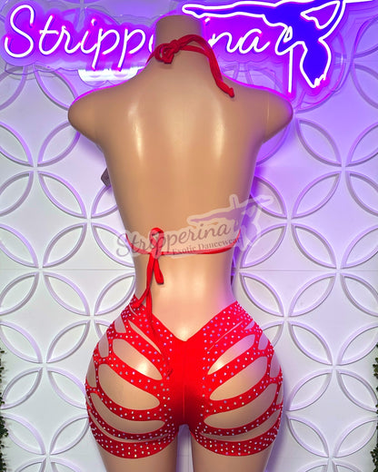 Triangle Ripped Short Set (Red)