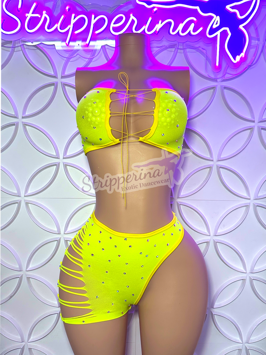 Dime Fishnet Short Set (Neon Yellow)