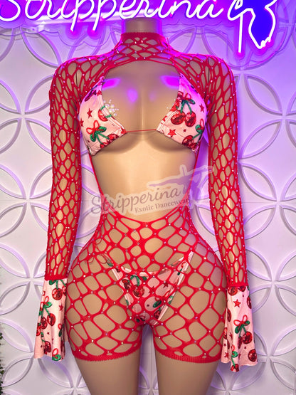 “Im It” Fishnet Romper (Cherry Bows)