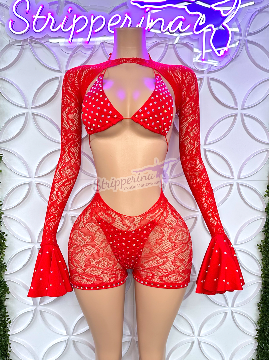 Summer Fishnet Romper With Flares (Red)