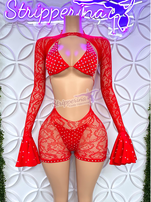 Summer Fishnet Romper With Flares (Red)