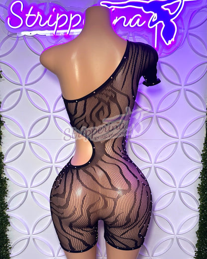 Open Side Fishnet Romper (zebra black)
