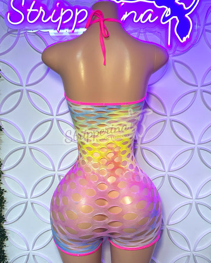 Open Stomach Fishnet Romper (Rainbow)