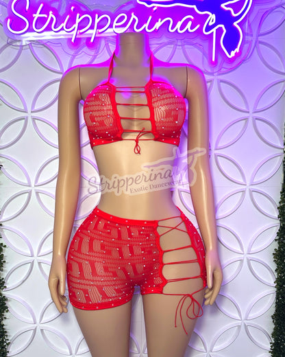 Tie Up Fishnet Short Set (Red)