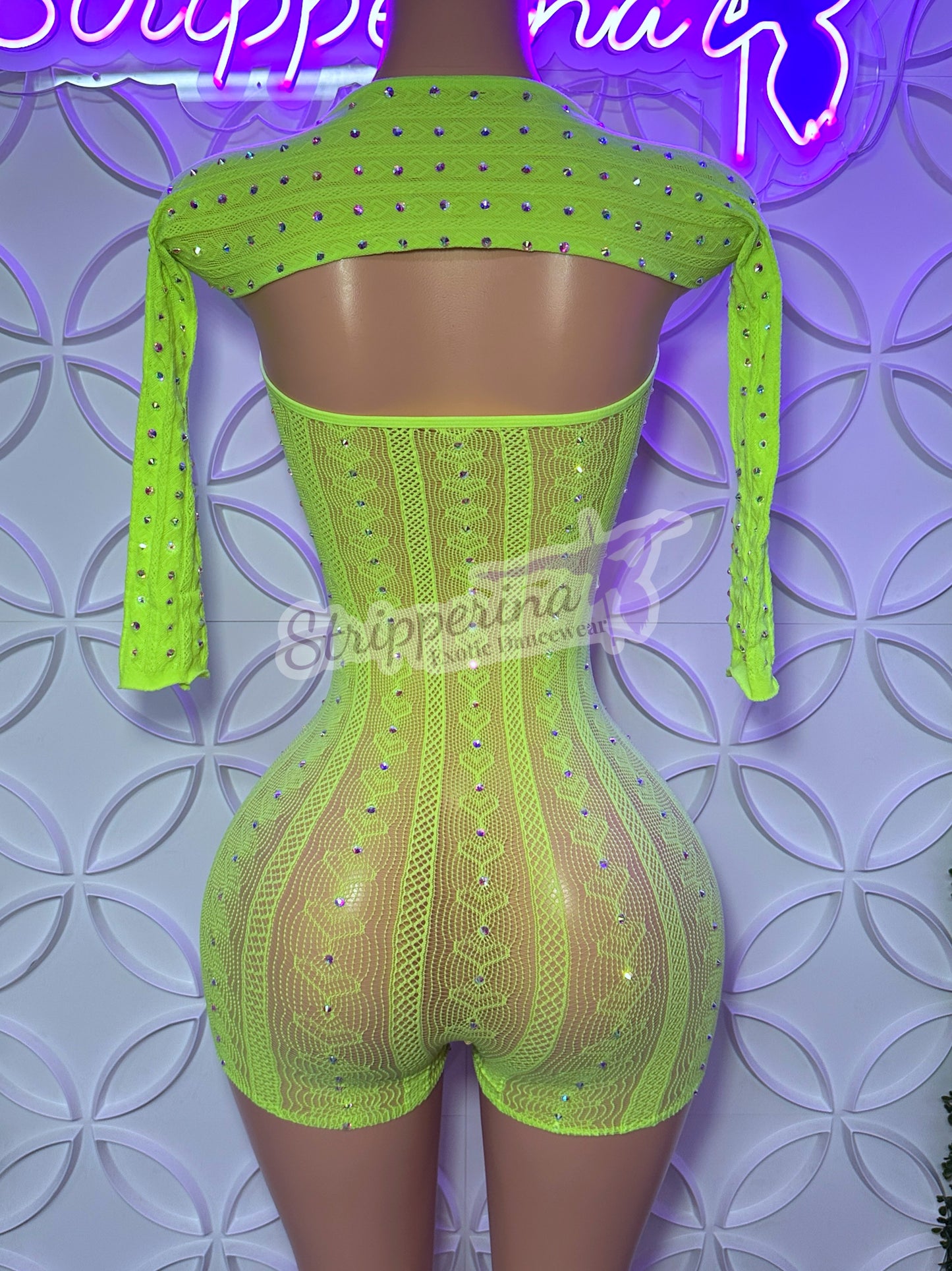 Pistachio Heart Fishnet Romper With Sleeves