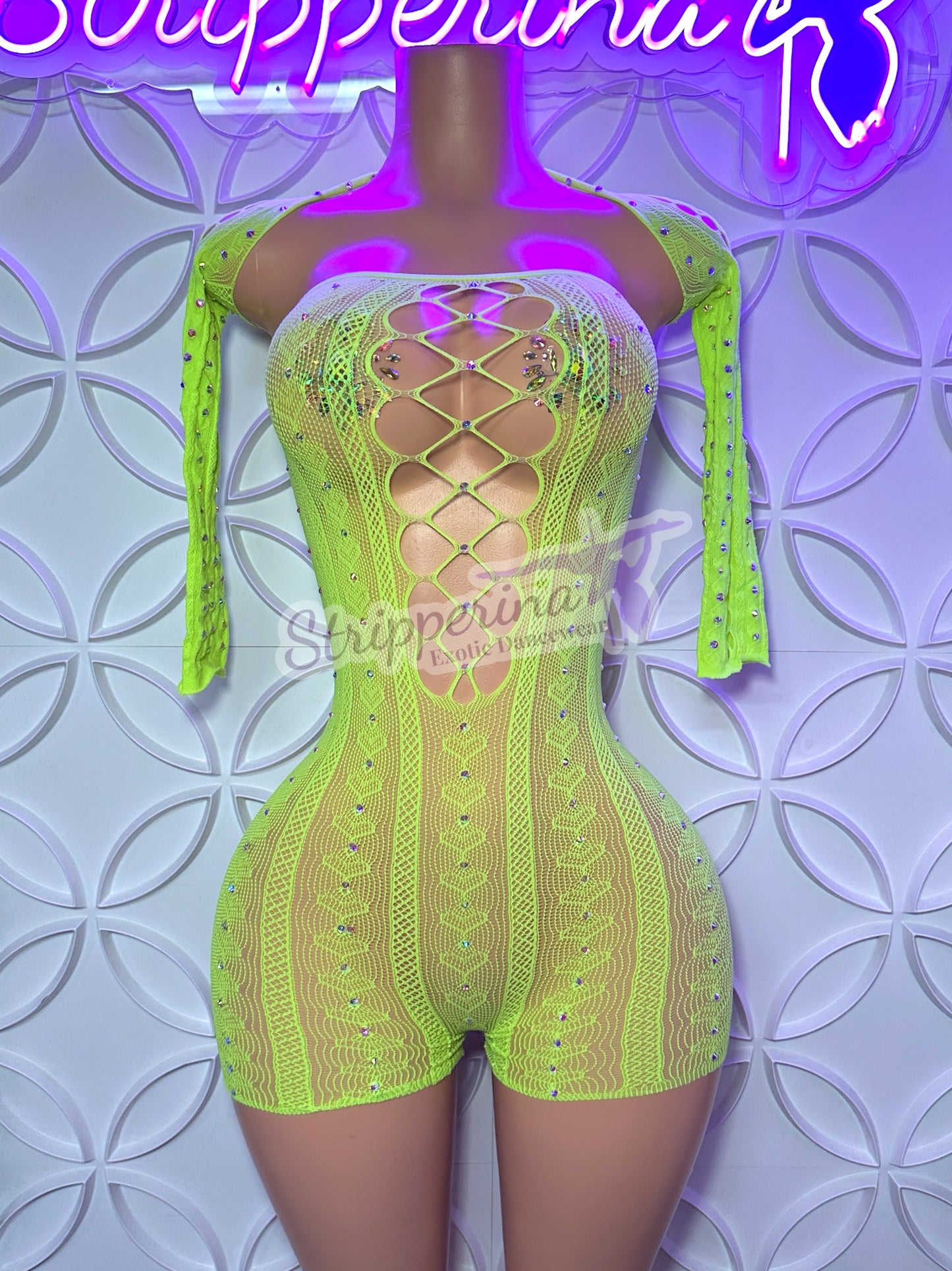 Pistachio Heart Fishnet Romper With Sleeves