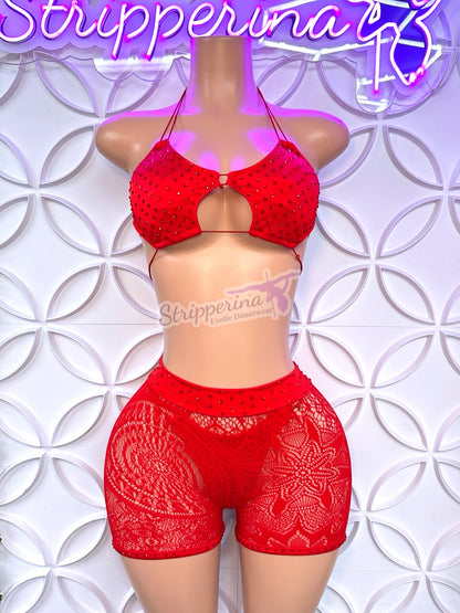 Octo Fishnet Short Set (Red/Red Stones)