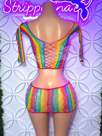 Rainbow Fishnet Skirt Set