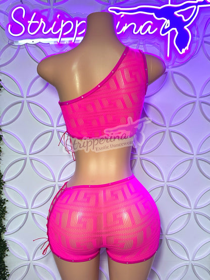 Tie Up Fishnet Short Set (Pink)