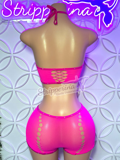 Fishnet Neck Tie Short Set (Pink)