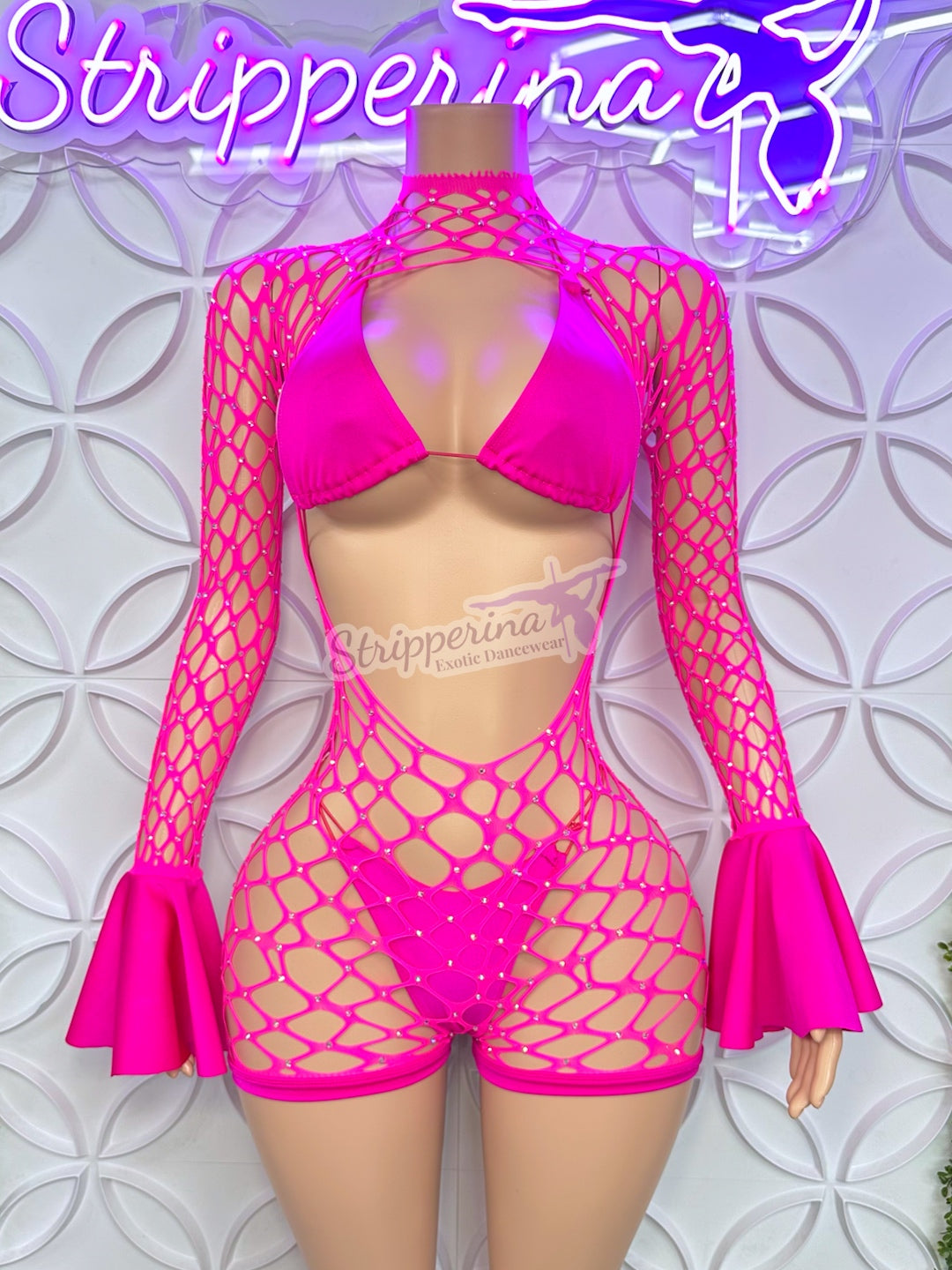 Summer Fishnet Romper With Flares (Hot Pink)