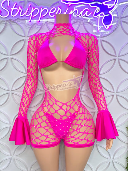 Summer Fishnet Romper With Flares (Hot Pink)