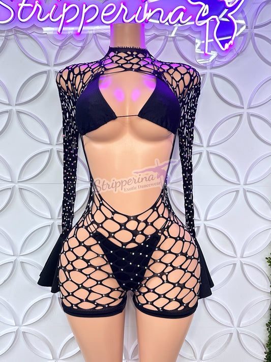 Summer Fishnet Romper With Flares (Black)
