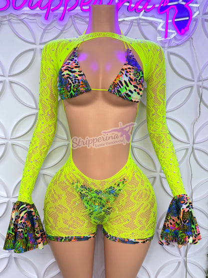 Summer Fishnet Romper With Flares (Neon Safari)