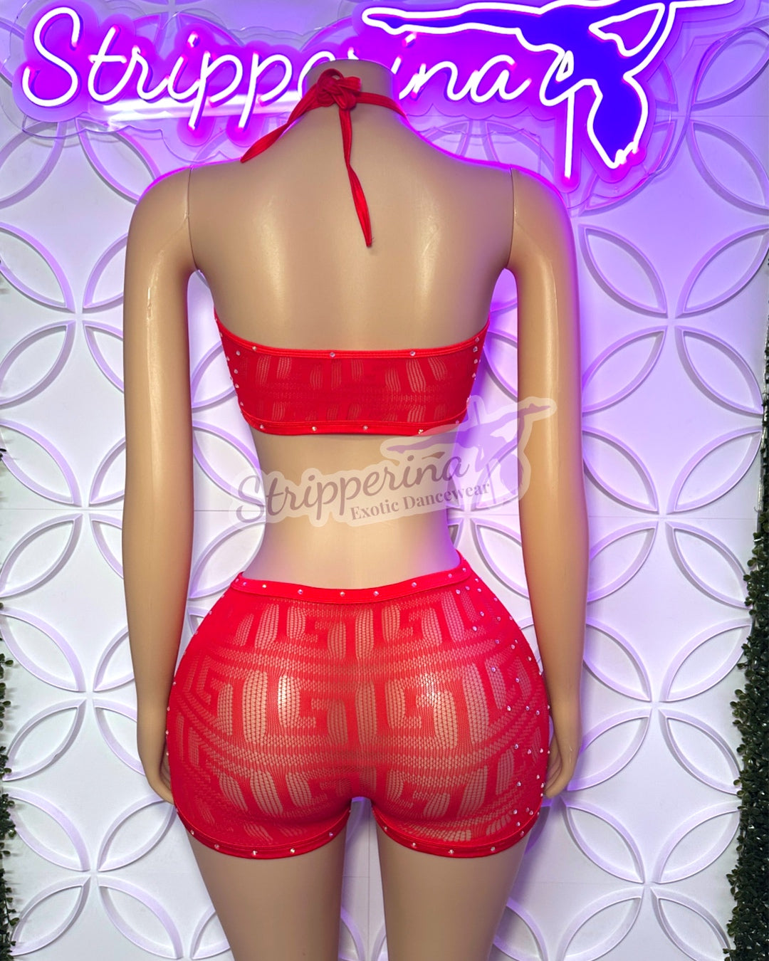 Tie Up Fishnet Short Set (Red)