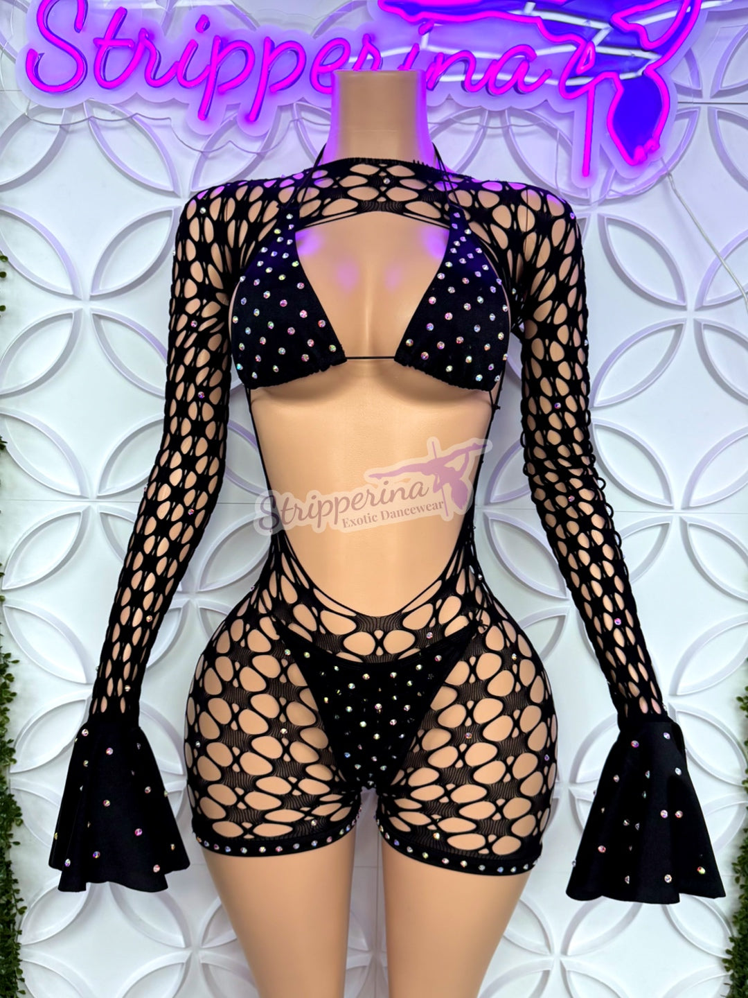 Summer Fishnet Romper With Flares (Black Hex)
