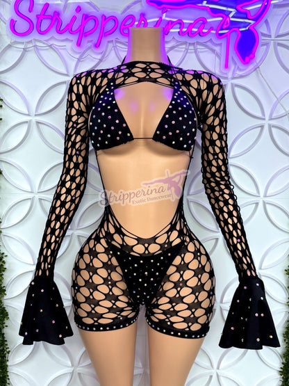 Summer Fishnet Romper With Flares (Black Hex)