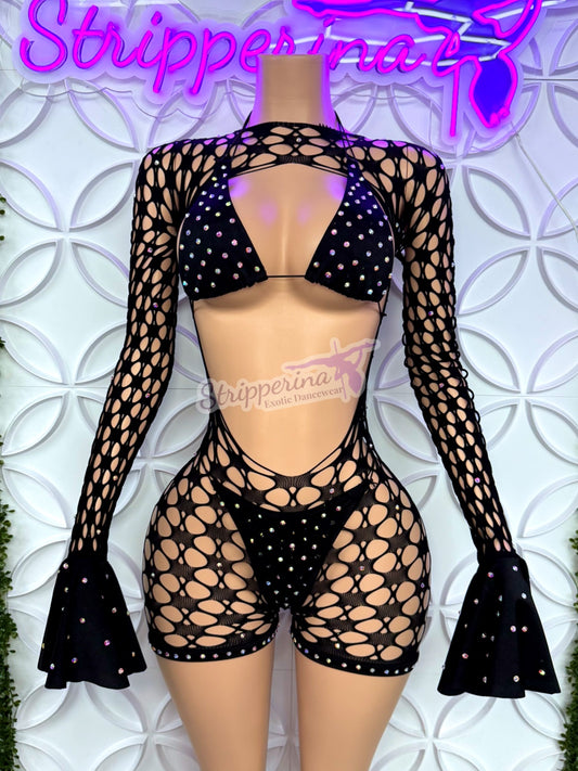Summer Fishnet Romper With Flares (Black Hex)