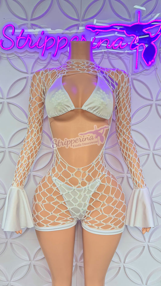 Summer Fishnet Romper With Flares (White)