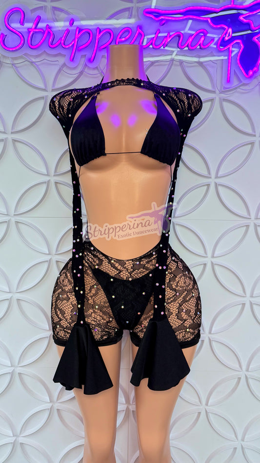 Summer Fishnet Romper With Flares (Black Flower)