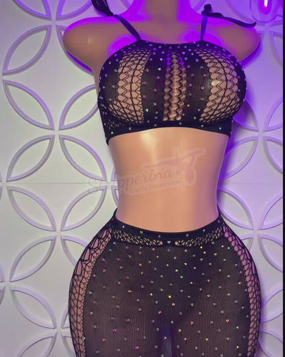 Cropped Fishnet Skirt Set